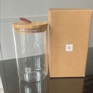 Nespresso Glass Canister with Bamboo Lid and Tan Leather Pull
